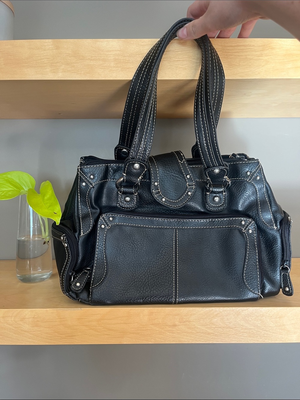 Jessica Black Leather Shoulder Bag with Contrast Stitching
